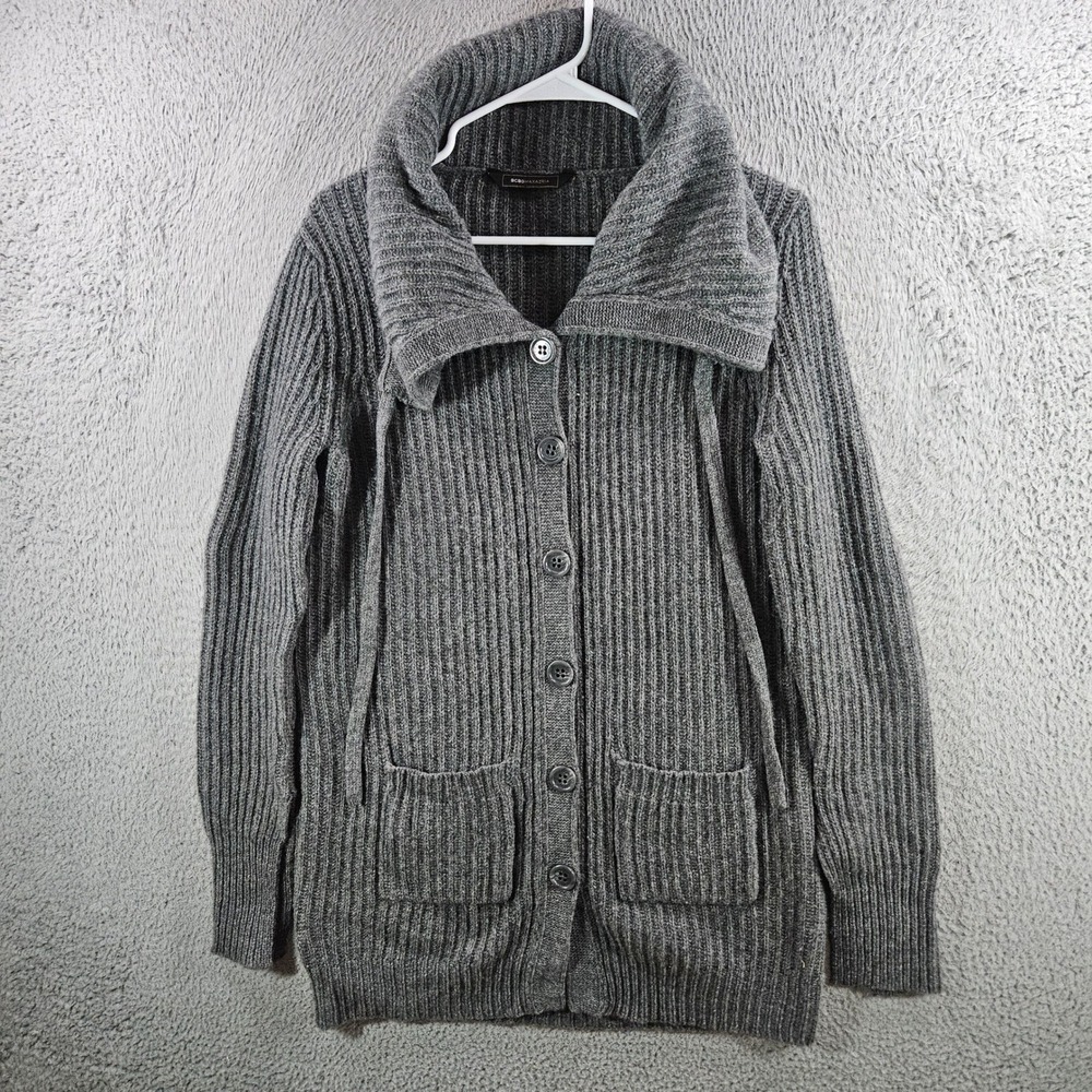 BCBGMAXAZRIA Gray Lambswool Cashmere Ribbed Knit Button Cardigan Sweater Small